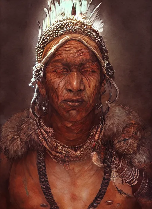 Image similar to portrait, blind Indian shaman wearing giant rabbit skin, watercolor, dramatic lighting, cinematic, establishing shot, extremely high detail, foto realistic, cinematic lighting, pen and ink, intricate line drawings, by Yoshitaka Amano, Ruan Jia, Kentaro Miura, Artgerm, post processed, concept art, artstation, matte painting, style by eddie mendoza, raphael lacoste, alex ross