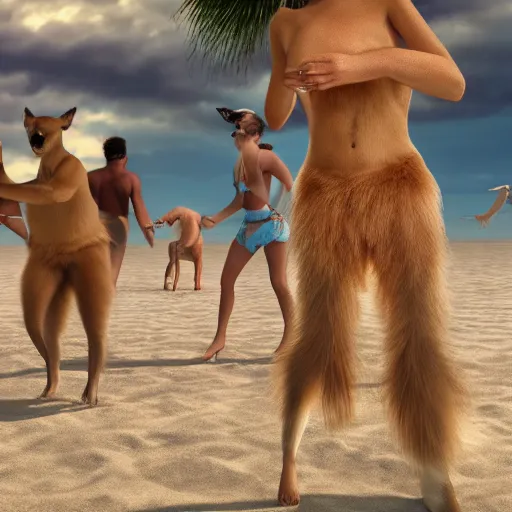 Image similar to Animals dancing at a party at the beach, cinematic, atmospheric, 8k resolution, Hyperrealistic