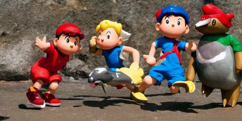 Prompt: Ness from Earthbound and Aquaman fight a giant penguin attacking philadelphia, claymation, detailed