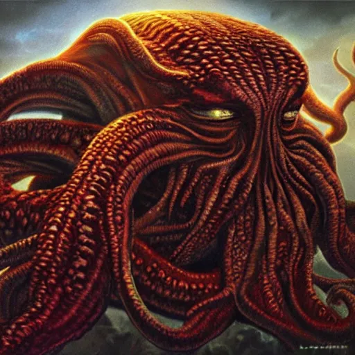 Prompt: ultra - realistic portrait painting of cthulhu. art by larry elmore. 4 k. ultra - realistic. highly detailed. epic lighting