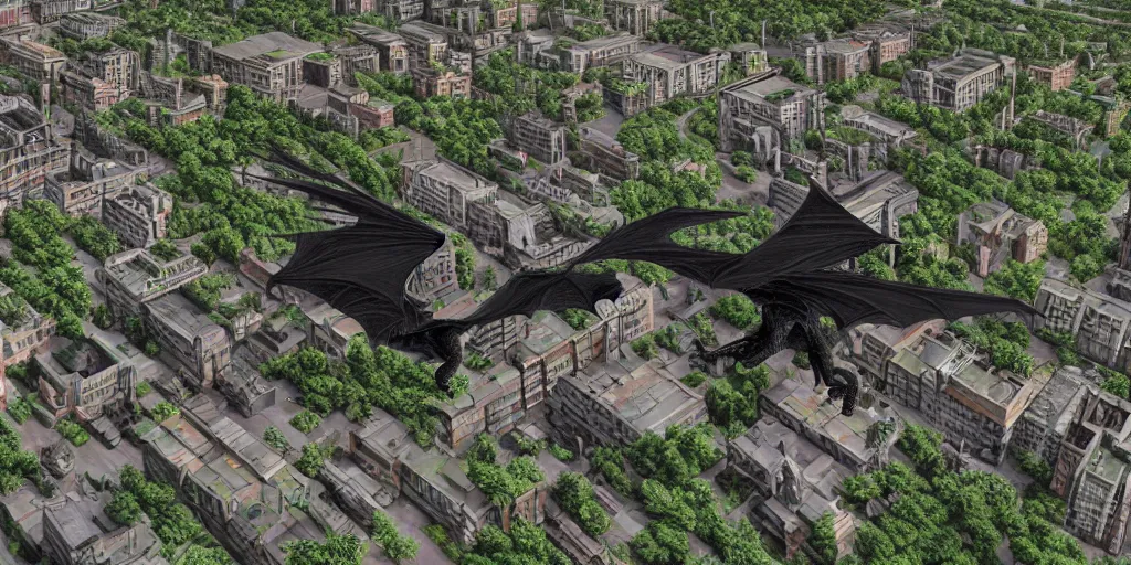 Prompt: One-point perspective, a black dragon flying over a magical Soviet town, mass housing, Soviet five-story panel buildings, lush vegetation in the center. High detail, ultra realistic render, octane, 3D, photorealism, symmetric, cinematic