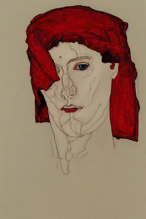 Prompt: drawing portrait of woman half covered by red fabric by Egon Schiele