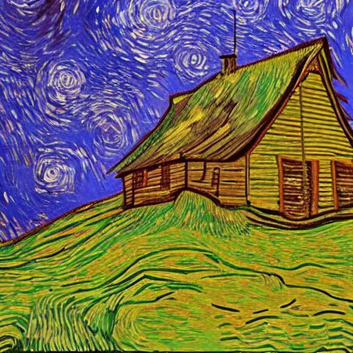 Image similar to a painting of a Eerie cabin in the middle of the woods in the style of Vincent van gogh