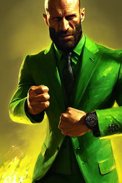 Image similar to gigachad luigi fighting like jason statham in a green suit with a beard, fantasy character portrait, ultra realistic, full body concept art, intricate details, highly detailed by greg rutkowski, ilya kuvshinov, gaston bussiere, craig mullins, simon bisley