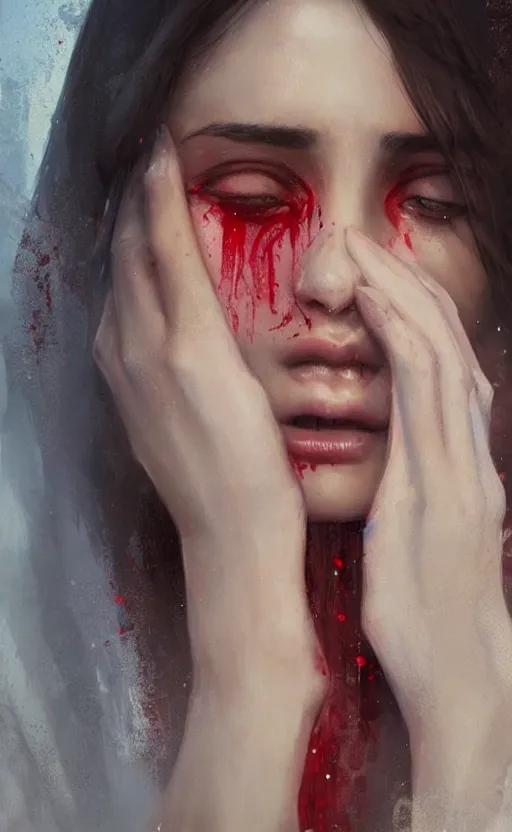 Image similar to The most beautiful arabian girl in the world crying blood ,digital art,ultra realistic,ultra detailed, ultra wide Lens, art by greg rutkowski