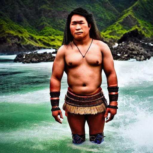 Image similar to a pacific islander warrior on a canoue, 4 k, hyper realistic, dslr, high resolution, landscape, beautiful