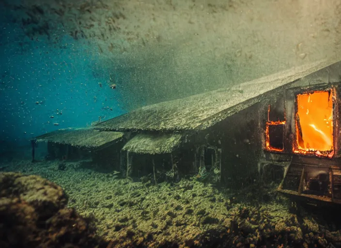 Image similar to dslr photo still of a house on fire under the water under water at the bottom of the ocean with lots of bubbles and light rays, 8 5 mm f 1. 8