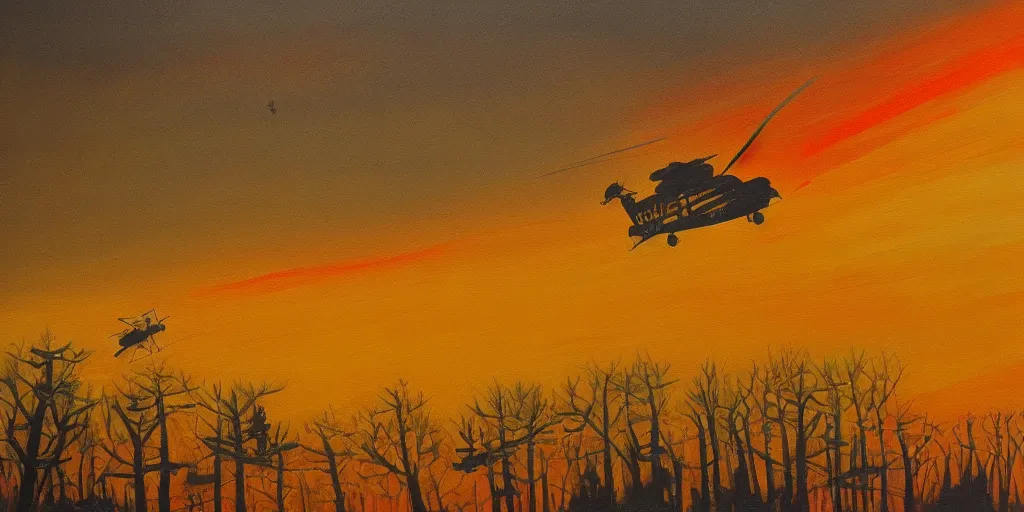 Prompt: Painting of vietnam American helicopters, above a forest, orange sun set, abstract, realism, 8k, detailed, glow