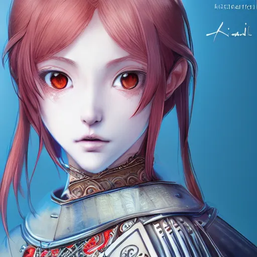 Image similar to a red haired female knight as an absurdly beautiful, elegant, young sensual anime girl, blue background, ultrafine hyperrealistic detailed face illustration by kim jung gi, irakli nadar, intricate linework, sharp focus, bright colors, matte, octopath traveler, final fantasy, unreal engine highly rendered, global illumination, radiant light, intricate environment