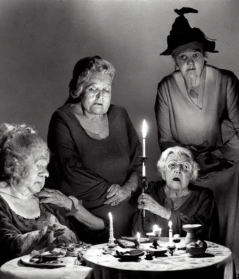 Image similar to a seance conducted by two old women, candle light, ghosts, ominous, by federico fellini