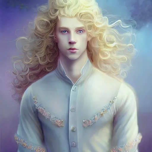 Image similar to Portrait of magical blond prince, very very very very pale white skin, long curly blond hair, dreamy and ethereal, pastel blue eyes, peaceful expression, ornate frilly regal shirt, fantasy, intricate, elegant, dynamic lighting, highly detailed, digital painting, artstation, concept art, smooth, sharp focus, illustration, art by artgerm and greg rutkowski and alphonse mucha