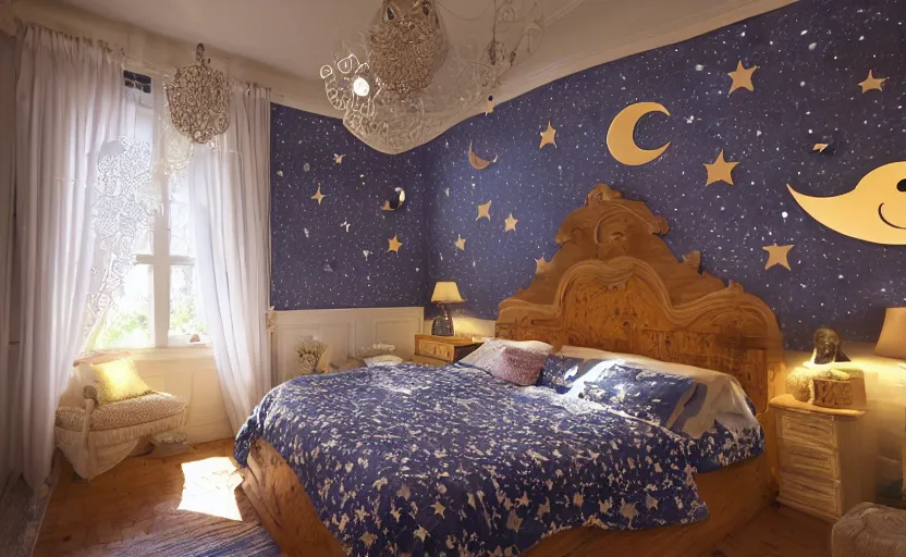 Image similar to a bedroom made of dreams and crescent moons and stars