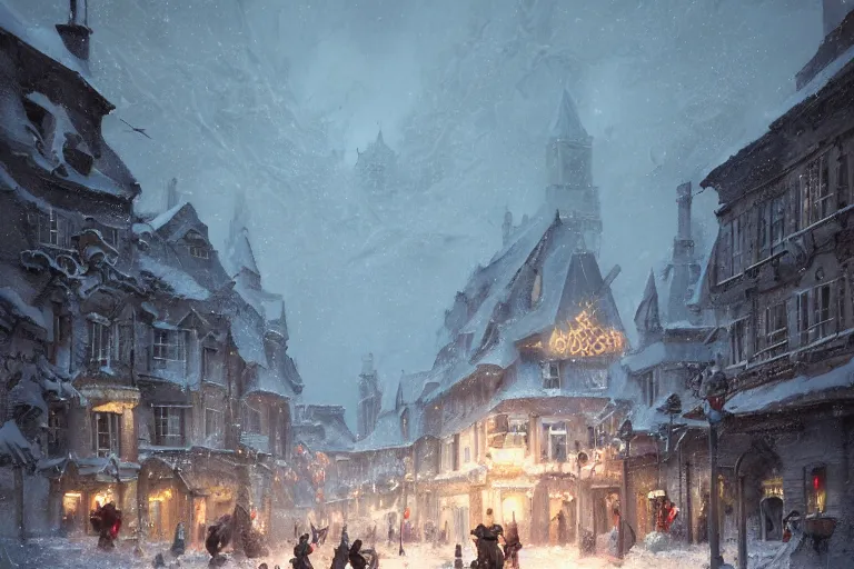 Image similar to a guillotine with christmas lights in the center of town, s matte painting, long shot, concept art, wide shot, digital art, trending on artstation, 4 k, extremely detailed, realistic, snowing, by greg rutkowski, cinematic, epic