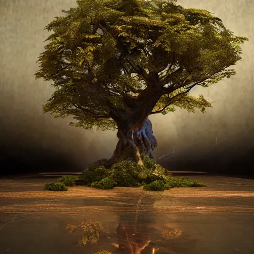 Image similar to full body pose, hyperrealistic photograph of the tree of life, dim volumetric lighting, 8 k, octane beautifully detailed render, extremely hyper detailed, intricate, epic composition, cinematic lighting, masterpiece, trending on artstation, very very detailed, stunning, hdr, smooth, sharp focus, high resolution, award, winning photo, dslr, 5 0 mm