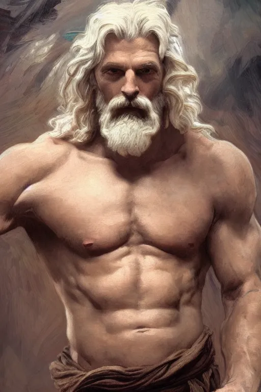 Prompt: painted portrait of rugged zeus, god of thunder, greek god, white hair, masculine, mature, handsome, upper body, flowing, muscular, hairy torso, fantasy, intricate, elegant, highly detailed, digital painting, artstation, concept art, smooth, sharp focus, illustration, art by gaston bussiere and alphonse mucha