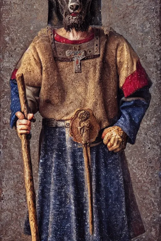 Image similar to Slavic dog head man, woolen torso in medieval clothes, holding axe, Orthodox Saint Christopher, oil painting, hyperrealism, beautiful, high resolution, trending on artstation,