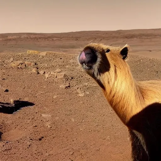 Image similar to a capybara in mars talking to the world governor