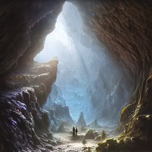 Prompt: A beautiful hyper realistic detailed matte painting of a cavern full of crystal formations, geode, quartz, amethyst. John Howe, Andreas Rocha, dynamic lighting, dramatic lighting, cinematic lighting, unreal engine, featured on artstation, physically based rendering