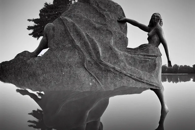 Image similar to masterpiece giant statue of a beautiful! antic goddess with long hair, scuplted by MichelAngelo, partly sunken! in the lake!, mist, lomography photo effect, monochrome, noise grain film, cl, large view