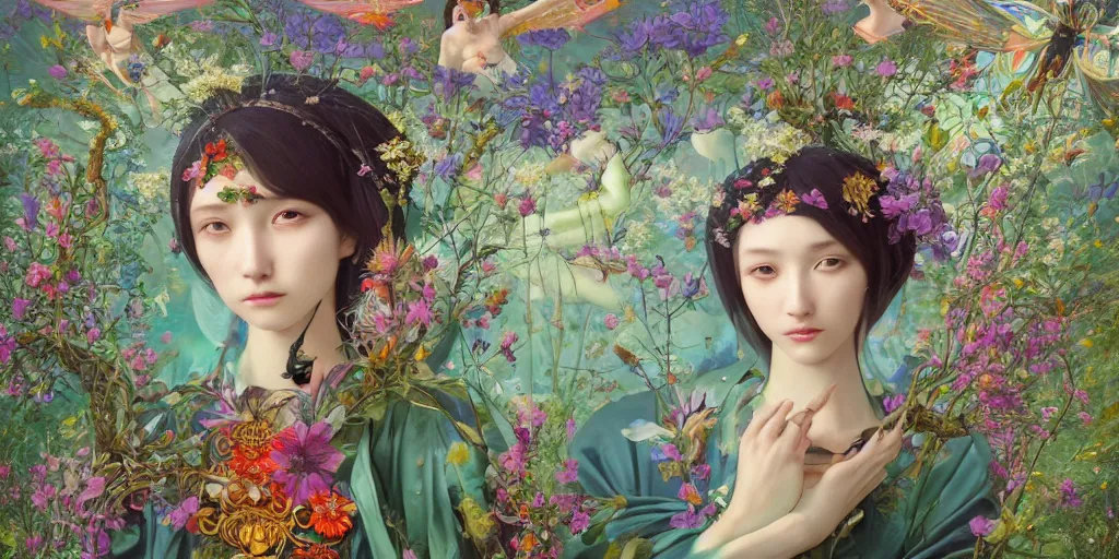 Image similar to breathtaking detailed concept art painting of the goddess of colourful bugs and meadow flowers, orthodox saint, with anxious, piercing eyes, ornate background, amalgamation of leaves and flowers, by Hsiao-Ron Cheng, James jean, Miho Hirano, Hayao Miyazaki, extremely moody lighting, 8K