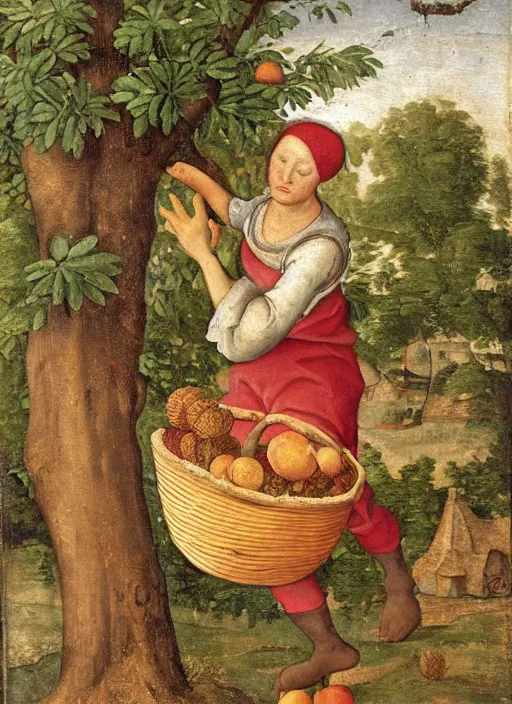 Image similar to a 1 6 th century oil painting of a medieval peasant picking fruit from a tree, holding a basket. high quality scan