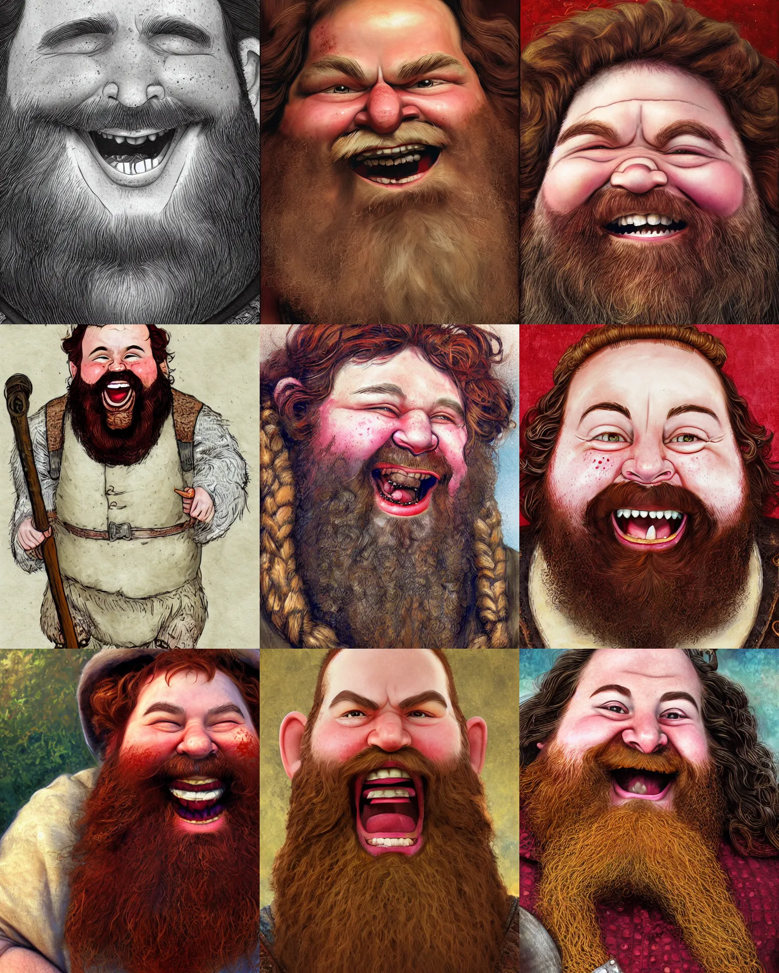 Prompt: closeup portrait of a dwarven bard, happy, laughing, rosy cheeks, red beard, freckles, art by james gurney