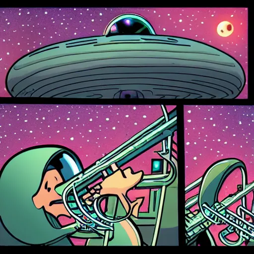 Image similar to aliens playing the trumpet inside a spaceship with windows showing a space full of tiny stars, as a bilal enki comic