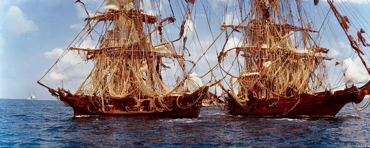 Prompt: pirate ship with spaghetti treasure, aboard a sailboat, caribbean, in the style of galen rowell, 1 7 0 0 s, canon 2 0 mm, kodachrome