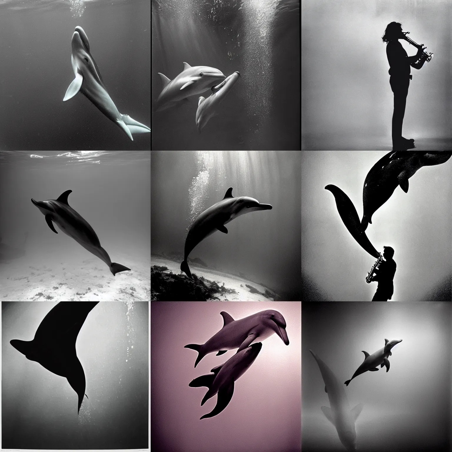 Prompt: Dolphin playing saxophone underwater by Trent Parke, clean, detailed, high contrast, Magnum photos