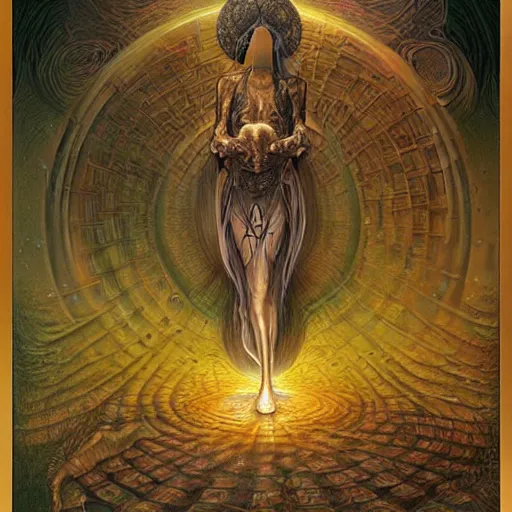 Image similar to The portal master tarot card by Tomasz Alen Kopera and Moebius and salvador dali, impressive perspective, masterpiece