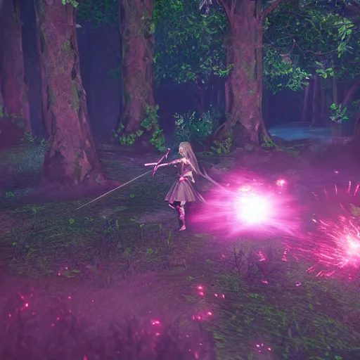 Image similar to a girl dressed in a pink knight armor fights a huge red dragon in the deep forest, highly detailed, intrusion atmosphere, unreal engine