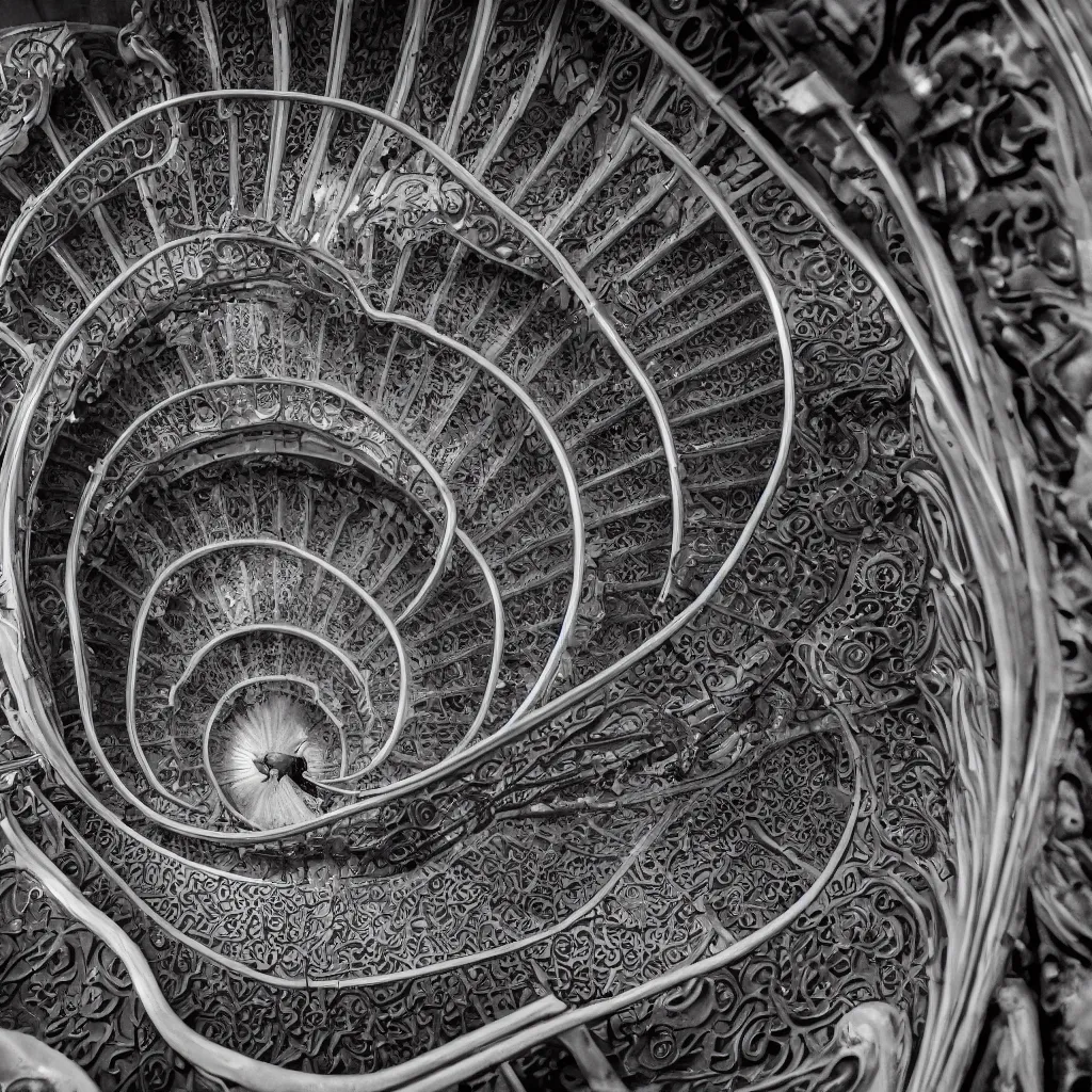 Prompt: movie still, grand spiral staircase going down deep in a dark hole, baroque, by etienne - louis boullee and gaudi, dramatic volumetric cinematic light, chiaroscuro, leica, high quality, high detailed, detailed patterns pop art