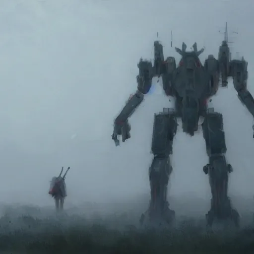 Image similar to gigantic mecha walking, dense fog, jakob rozalski