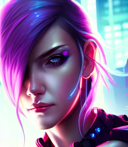 Prompt: beautiful portrait of a cyberpunk goddess who looks like Jessica Nigri , character design by charlie bowater, ross tran, artgerm, and makoto shinkai, detailed, soft lighting, rendered in octane