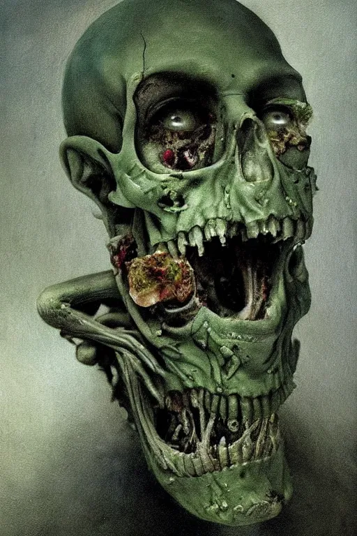 Prompt: a beautiful oil painting hyperrealism of a decayed zombie head, green bulging eyes, rotten green skin, grey beard, blue veins, skull bones, moody lighting, 8 k resolution, octane render, trending on artstation, by h. r. giger and greg rutkowski hieronymus bosch, joel peter witkin, annie liebovitz, gustave dore