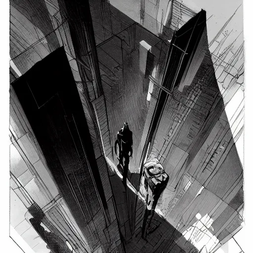 Image similar to concept art character, very high angle view, book cover, walking in cyberpunk valley, highly detailed full body, smooth, sharp focus, organic, appealing, book cover, deep shadows, by Dave McKean sketch lineart for character design