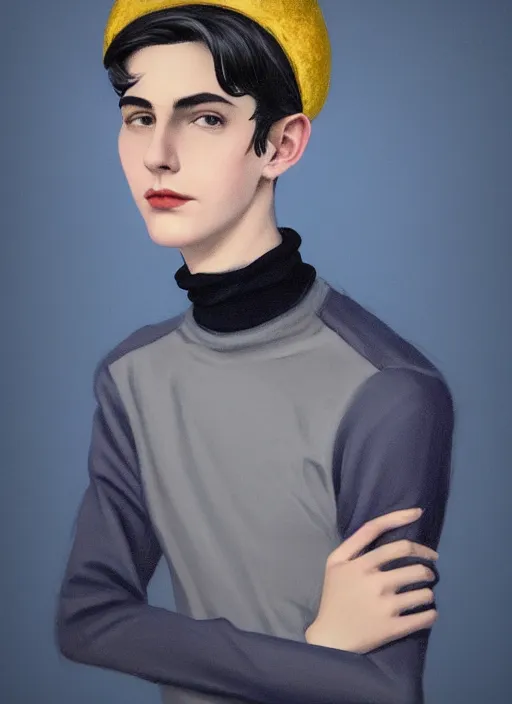 Image similar to portrait of teenage jughead jones wearing a light grey crown, crown, blue turtleneck, 1 9 5 0 s, closed eyes, photorealistic, black hair, glowing lighting, intricate, elegant, glowing lights, highly detailed, digital painting, artstation, concept art, smooth, sharp focus, illustration, art by wlop, mars ravelo and greg rutkowski