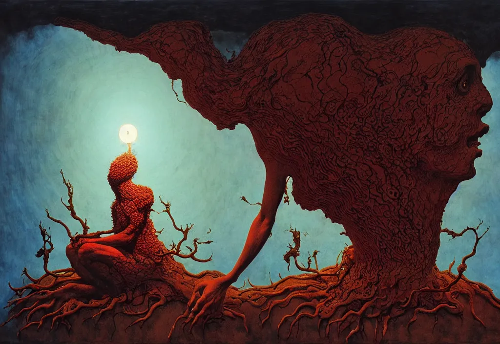 Prompt: ancient creature, by asaf hanuka, by zdzisław beksinski, by caspar david friedrich, by wangechi mutu, divine, powerful, accent lighting, on path to enlightenment