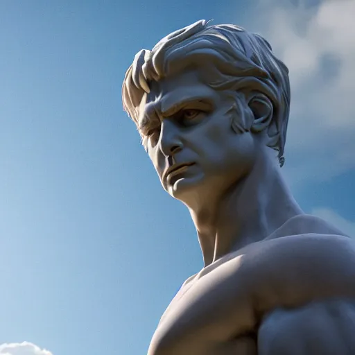 Prompt: Donald trump as a Greek god statue, realistic artstyle, wide shot, dramatic lighting, octane render, hyperrealistic, high quality, highly detailed, HD, beautiful, cinematic, 8k, unreal engine, facial accuracy, symmetrical