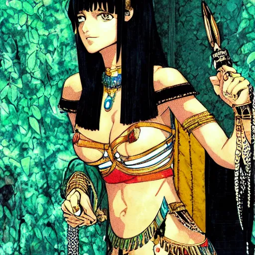 Image similar to Cleopatra of Egypt in her palace, relaxed and candid, anime portrait by Satoshi Kon and Yoji Shinkawa