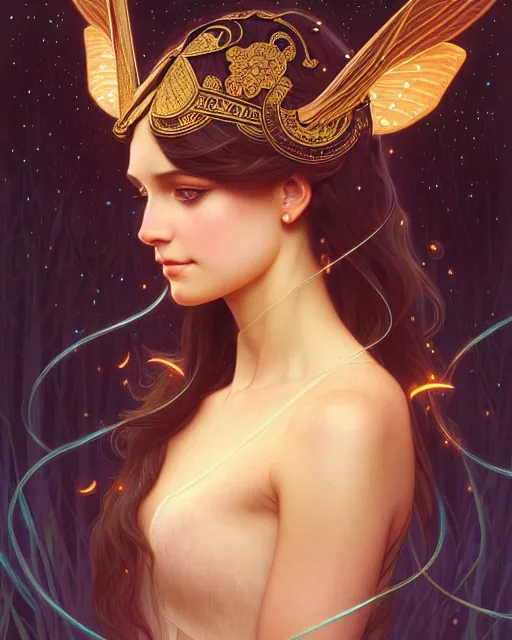 Image similar to symmetry portrait of brunette princess, glam, fae, fireflies, forest background, intricate, elegant, highly detailed, digital painting, artstation, concept art, smooth, sharp focus, illustration, art by artgerm and greg rutkowski and fra angelico and alphons mucha