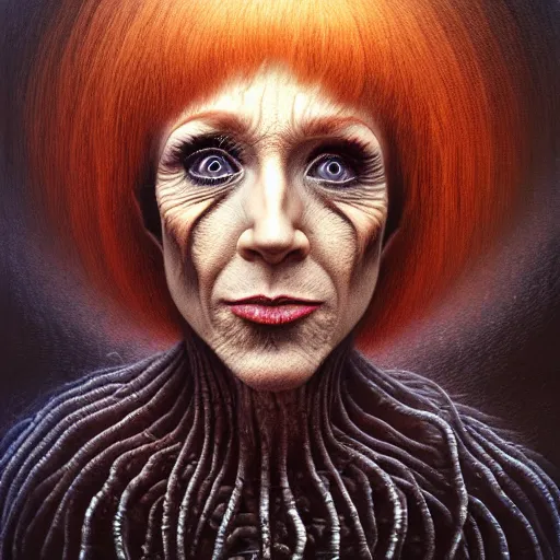 Prompt: portrait of kathy griffin, horror art by beksinski and szukalski and giger and and pyromallis and dzo and iris compiet and seb mckinnon, digital art, highly detailed, intricate, sharp focus, trending on artstation hq, deviantart, pinterest, unreal engine 5, 4 k uhd image