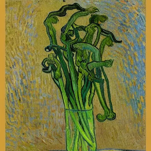 Image similar to Fiddleheads, painted by Vincent Van Gogh (1890), oil on canvas, detailed brushstrokes