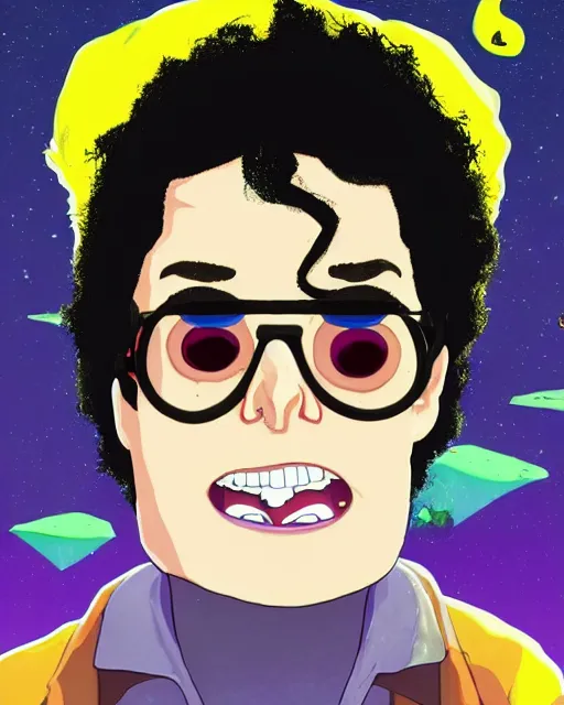 Image similar to portrait of michael jackson in the style of justin roiland. cinematic lighting. style of rick & morty. photographic, photography. by justin roiland