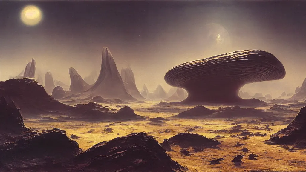 Image similar to otherworldly atmosphere of an alien planet by arthur haas and bruce pennington and john schoenherr, cinematic matte painting, zaha hadid building, 8 k realistic, dark moody colors