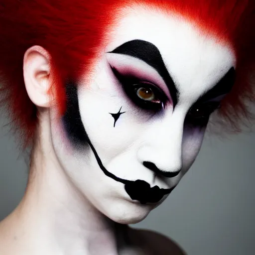 Image similar to A high quality photograph of a goth-clown hybrid with red hair looking sternly, trending on artstation, cute, playboy
