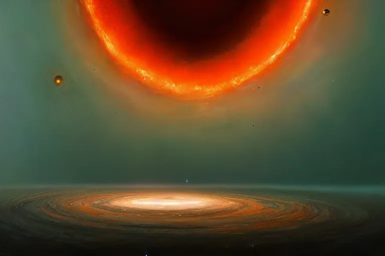 Image similar to a beautiful oil painting of the event horizon of a black hole, orange, warping, detailed, beautiful, awe - inspiring, bright, by greg rutkowski, trending on artstation