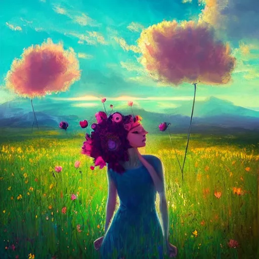 Image similar to girl with a flower head, surreal photography, dream, standing in flower field, magical, in a valley, sunrise dramatic light, impressionist painting, colorful clouds, artstation, simon stalenhag