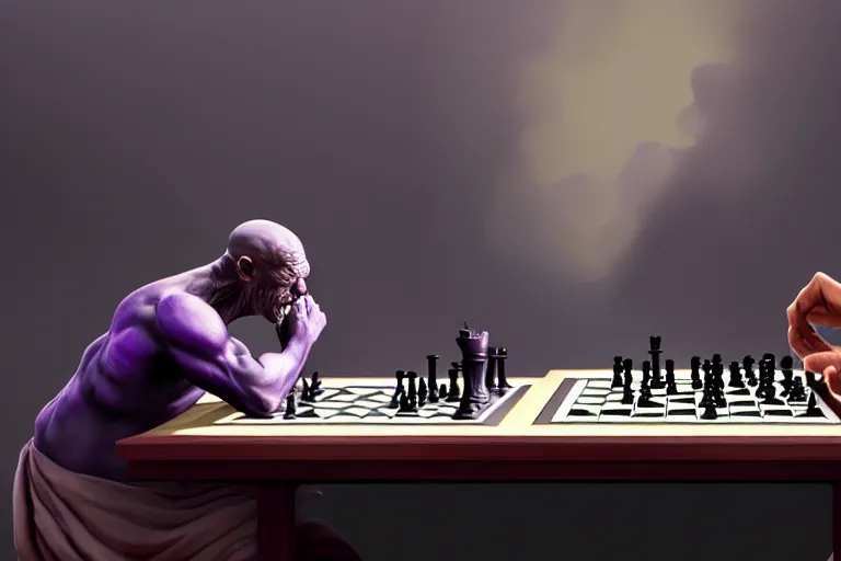 Image similar to thanos playing chess with mahatma gandhi on a marble table, extremely detailed digital painting, in the style of fenghua zhong and ruan jia and jeremy lipking and peter mohrbacher, mystical colors, rim light, beautiful lighting, 8 k, stunning scene, raytracing, octane, trending on artstation