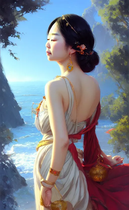 Image similar to a beautiful taiwan goddess with sundress with jewelry | | winter, realistic shaded, unpleasant face, good looking, fine details, realistic shaded lighting poster by greg rutkowski, magali villeneuve, artgerm, jeremy lipkin and michael garmash and macoto takahashi